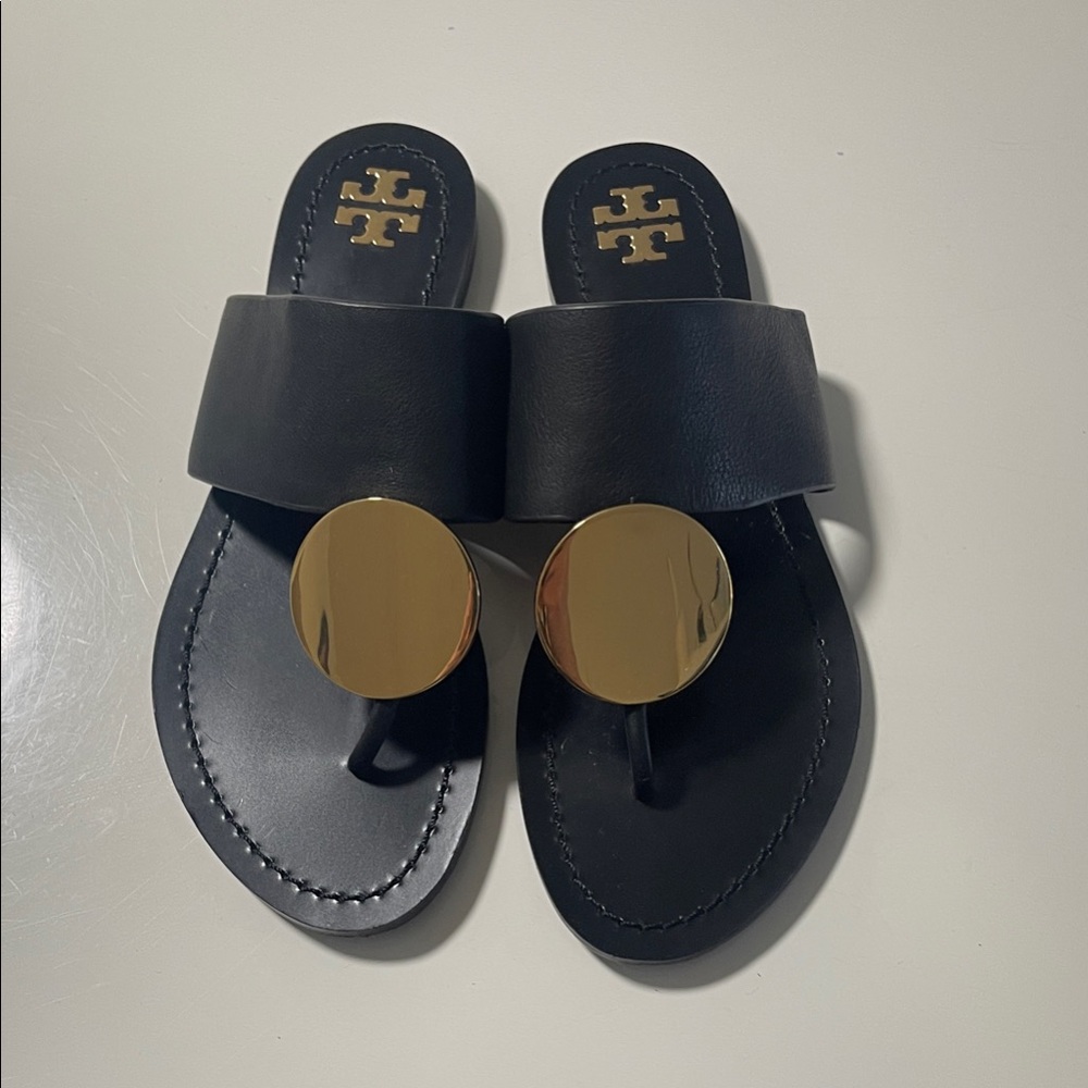 Tory Burch Black Sandals with Gold Accents